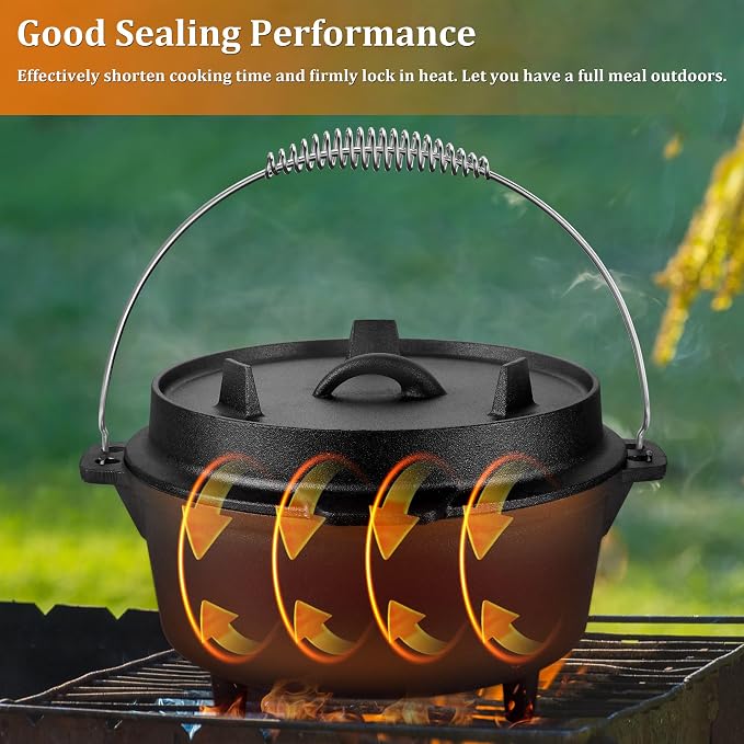 Leonyo 7QT Pre-Seasoned Dutch Oven Camping with Lid Lifter, 2-in-1 Pots | 2-IN-1 Cast Iron Camping Dutch Oven, Heat Conduction & Good Sealing & Heavy Duty