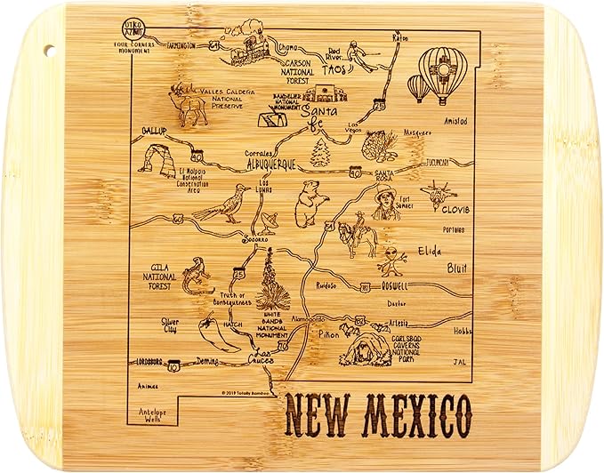 Totally Bamboo A Slice of Life New Mexico Engraved Map Cutting Board | 11” x 8.75” charcuterie board with engraved state map artwork. Smooth reverse side for food prep. Hang tie for wall display.