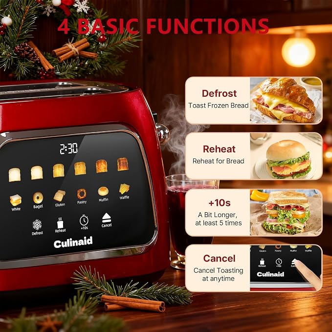 Toaster 2 Slice Smart Touch Screen, Retro 1.5'' Extra Wide Slot Stainless Steel Digital Bread Toaster with Memory Function, Bagel, Defrost, 6 Browning Levels and Removable Crumb Tray, Red