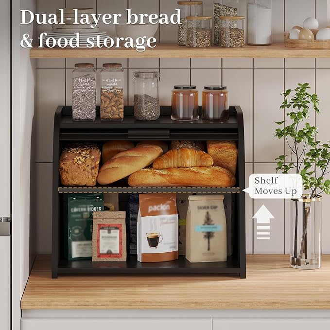 Kitsanery Bread Box for Kitchen Countertop, Bamboo Bread Storage, Double-Layer Roll-Top Bread Container, Farmhouse Bread Holder for Homemade Bread (Black, double layer)