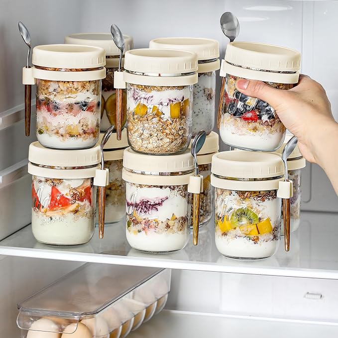 LANDNEOO 4 Pack Overnight Oats Containers with Lids and Spoons, 16 oz Glass Mason Jars with Airtight Lids, Overnight Oats Jars for Milk, Cereal, Fruit-Beige