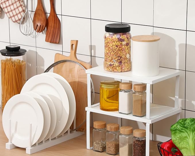 Marsui 4 Pcs Kitchen Organizer Accessories Set for Cabinet,White | Cabinet Organizer Shelves, Bamboo Dish Drying Plate Rack, Wooden Counter Storage Holder, for Spice Dish Pot Lid Bowl Cup