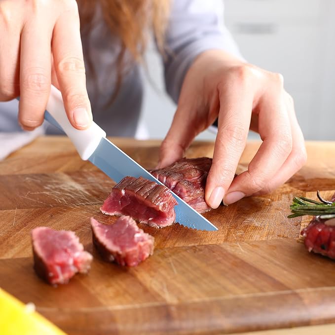 hecef 15 Pieces Kitchen Knife Block Set, Blue | Built-in Sharpening Wooden Block, Dishwasher Safe, High Carbon Stainless Steel, Includes Steak Knives & Kitchen Scissors