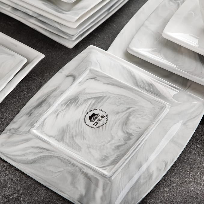 MALACASA Dinnerware Sets, 32 Pieces Porcelain Plates and Bowls Sets for 6, Marble Grey Dishes with Plates and Bowls, Cups and Saucers, Side Dish Plates, Square Dinner Set, Series Blance | Complete with Plates, Bowls, Cups, Saucers, Microwave Oven and D...