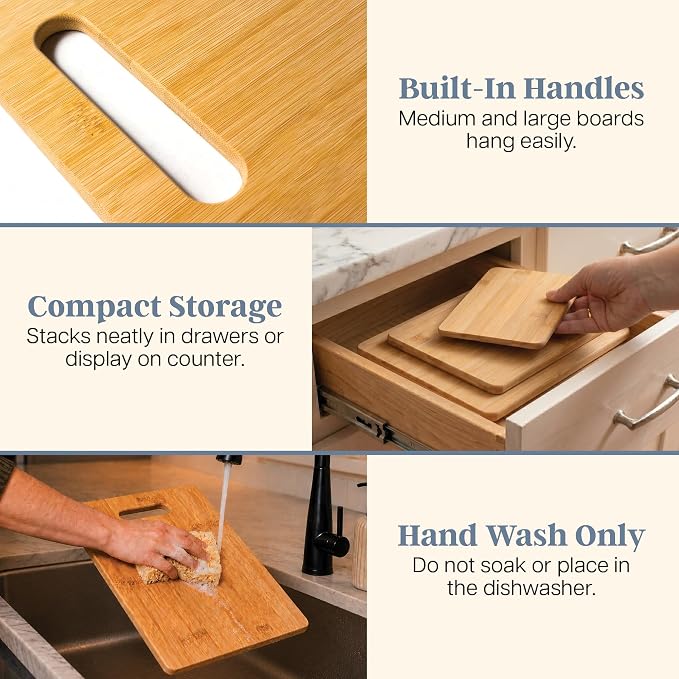 Totally Bamboo Cutting Board Set, 3 Reversible Cutting Boards for Kitchen | Small, medium & large bamboo boards for everyday meal prep. Smooth, knife-friendly surface for meat, produce, cheese & bread.