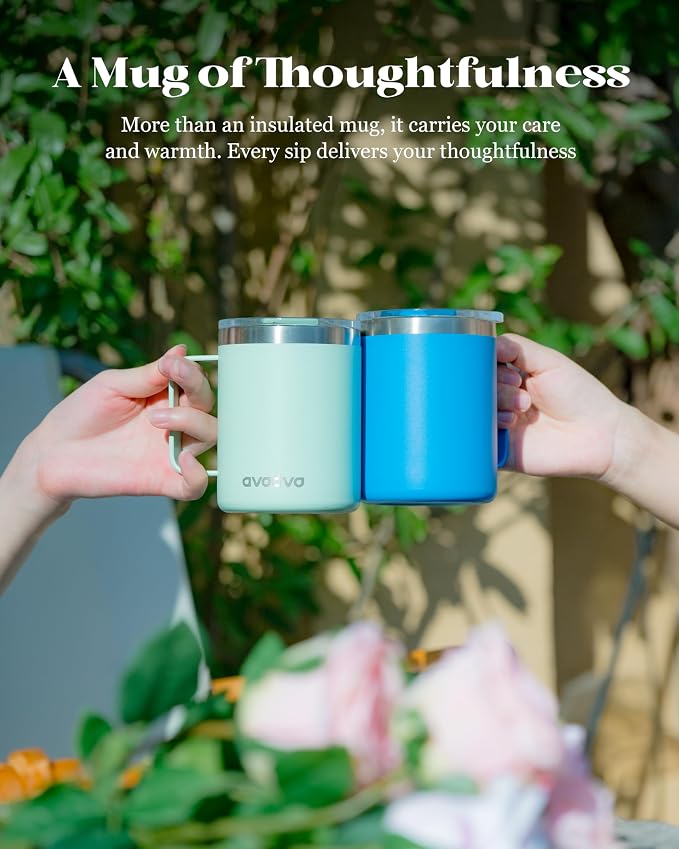 12oz Insulated Coffee Mug with Lid – Includes Two Lids, Stainless Steel Coffee Travel Mug with Handle, Double Wall Vacuum Insulated Camping Mug for Home, Office & Outdoor, Sapphire Blue