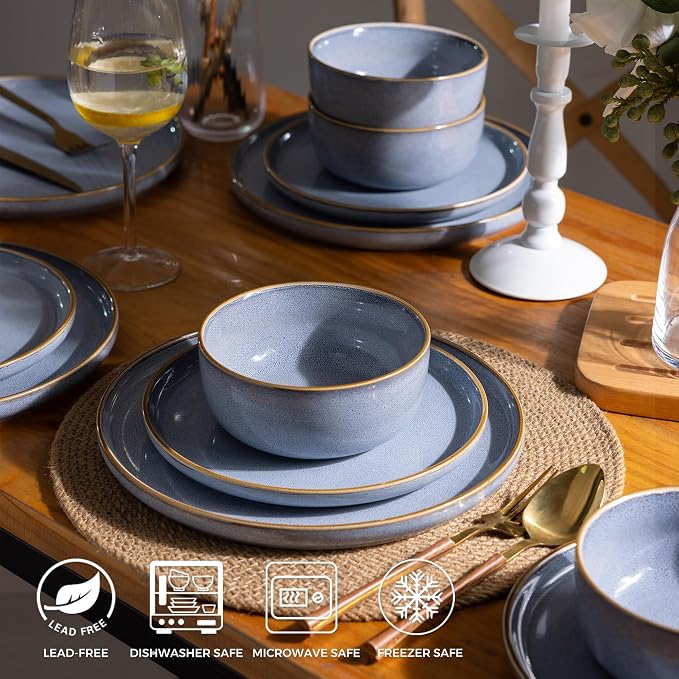 GBHOME Dinnerware Sets for 6, 18 Pieces Ceramic Plates and Bowls Set | Scratch Resistant Stoneware Dishes Set, Dishwasher & Microwave Safe, Reactive Glaze-Vista Blue