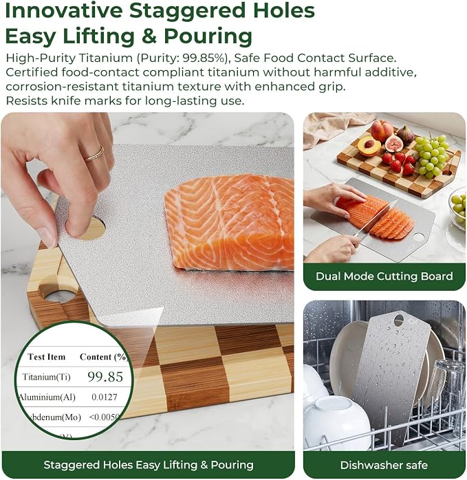 Pure Titanium Cutting Board, Bamboo Cutting Boards Set for Kitchen | 3PCS Chopping Boards for Kitchen, Large Metal Wood Cutting Board, Non Slip, Juice Grooves, Knife-Friendly, Dishwasher Safe