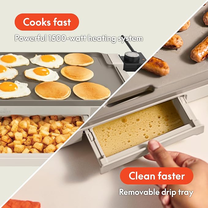bella 10"x20" Ceramic Griddle with Warming Tray, 1500W Non-Toxic, Oatmilk