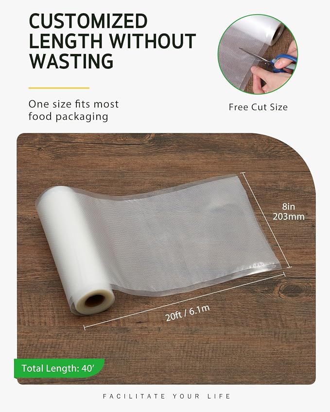 Syntus 2 Rolls 8" x 20' Vacuum Sealer Bags, BPA Free for Food Storage | 4mil Thick, Custom Length, Keep Food Fresh Longer, Freezer Microwave Sous Vide Cooking, Works with Most Vacuum Sealers