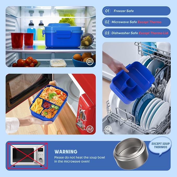 Upgraded Kids Lunch Box with Thermo for Hot Food 1400ml Child Bento Box for Kids with 5oz Small Thermo for Boys Girls with Fork Spoon Leakproof for Dining Out School Work Picnic-Blue