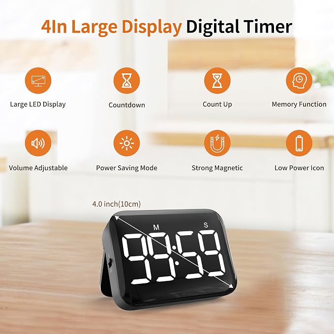 Magnetic Kitchen Timer for Cooking with Count Up Countdown, Digital Timer Battery Powered with Large Display, 2 Brightness and Volume Levels for Classroom, Teacher, Kids (Dark Black)
