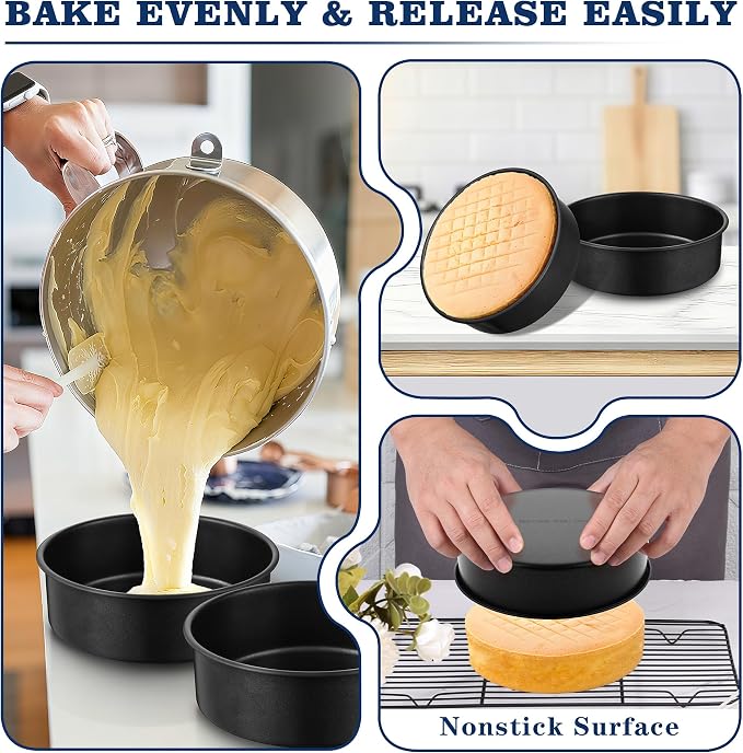 E-far 9 Inch Cake Pan, 3PCS Nonstick Stainless Steel Baking Cake Pans Tins | Round Smash Bakeware Baking for Birthday Layer Cake/Cheesecake, Straight Side, Non-Toxic & Healthy, Leakproof & Easy Clean