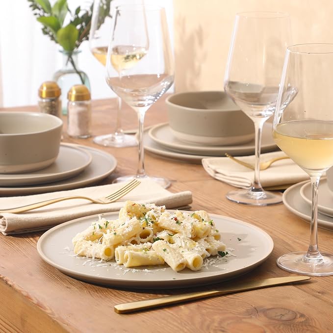 Gibson Elite Humphrey Lane 12 Piece (Service for 4) Plates and Bowls Reactive Glaze Dishes Stoneware Ceramic Dinnerware Set - Taupe