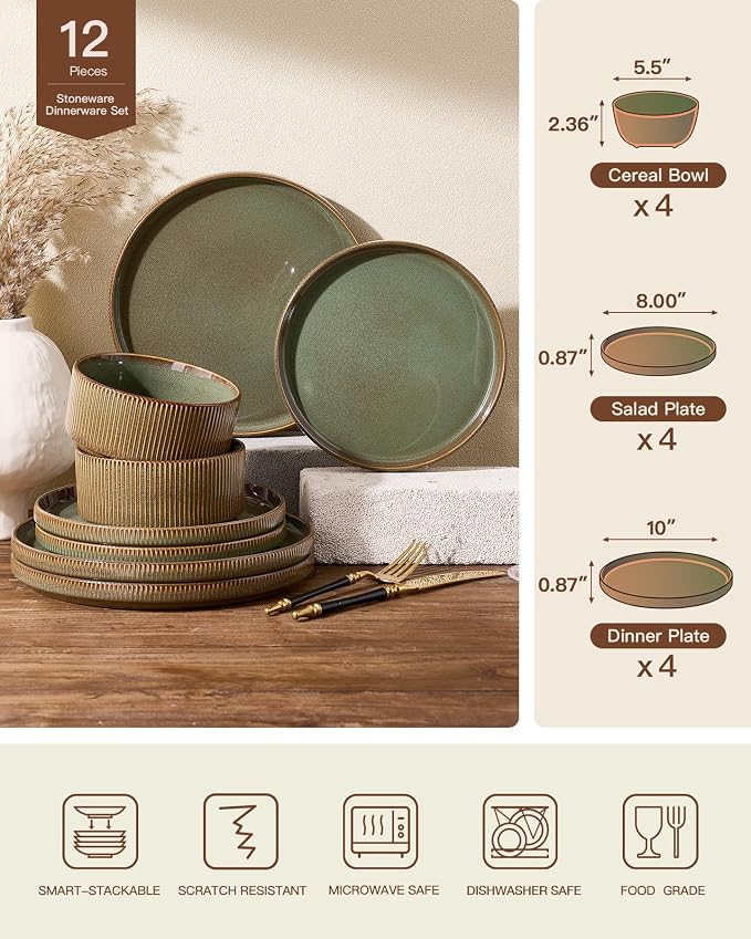 Stoneware Dinnerware Set for 4, Reactive Glaze, Moss Green | 12-Piece Everyday Ceramic Plates and Bowls, Handmade Ribbed Dish Sets, Microwave & Dishwasher Safe, Chip & Scratch Resistant