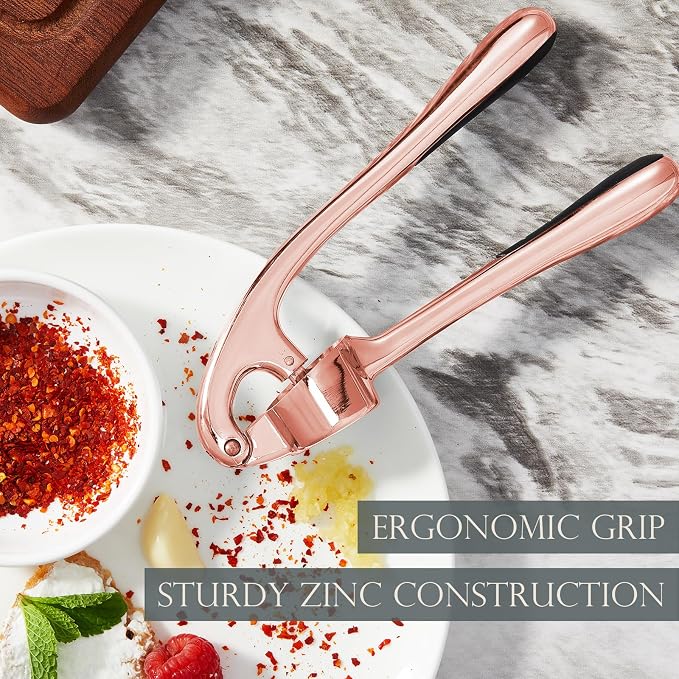 Premium Garlic Press, Professional Garlic Mincer, Easy to Squeeze and Clean, Rust Proof, Efficient Ginger Crusher - Rose Golden