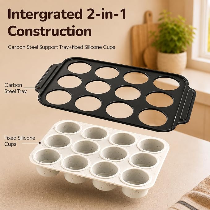Silicone Muffin Pans for Baking, 12-Cup Muffin Tin with Metal Frame | Reinforced Metal Frame, 12-Cup Size, Easy Release Cups, Nonstick Silicone, Oven & Dishwasher Safe