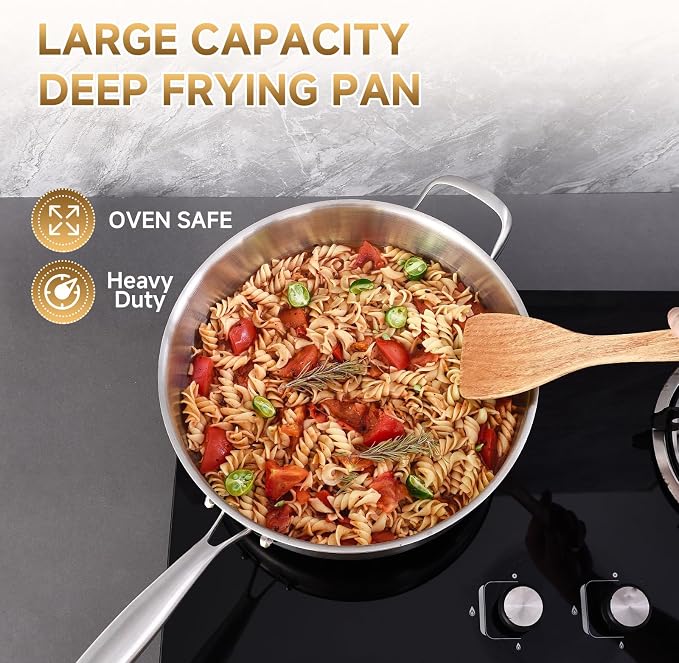 Inqibee 5 QT Tri-Ply Stainless Steel Saute Pan with Lid | Deep Frying Pan with Helper Handle | 12 Inch | Induction Compatible | Oven & Dishwasher Safe | Serves 4–6 People