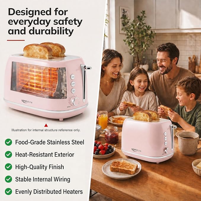 2 Slice Toaster Retro Stainless Steel with Bagel, Cancel, Defrost Function and 6 Bread Shade Settings Bread Toaster, Extra Wide Slot and Removable Crumb Tray (Pink)