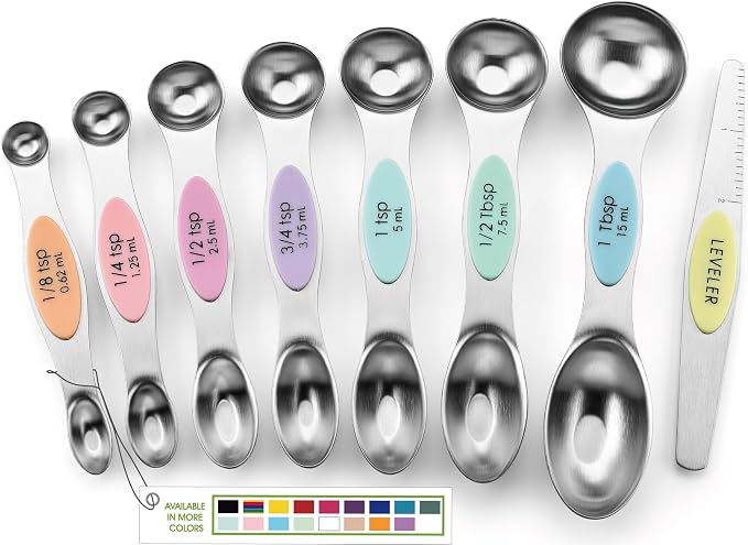 Spring Chef Stainless Steel Magnetic Measuring Spoons Set of 8, Pastel | Dual Sided Metal Teaspoon & Tablespoon Measuring Spoons with Leveler for Dry & Liquid Ingredients, Fits in Kitchen Spice Jars