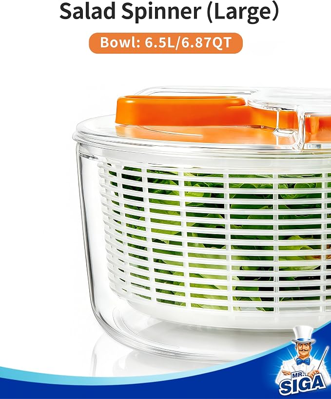 MR.SIGA Large Salad Spinner Dryer, Vegetable Lettuce Spinner | Large 6.87 quart capacity, salad spinner and dryer for washing and spinning, ideal for draining greens, fruits, veggies