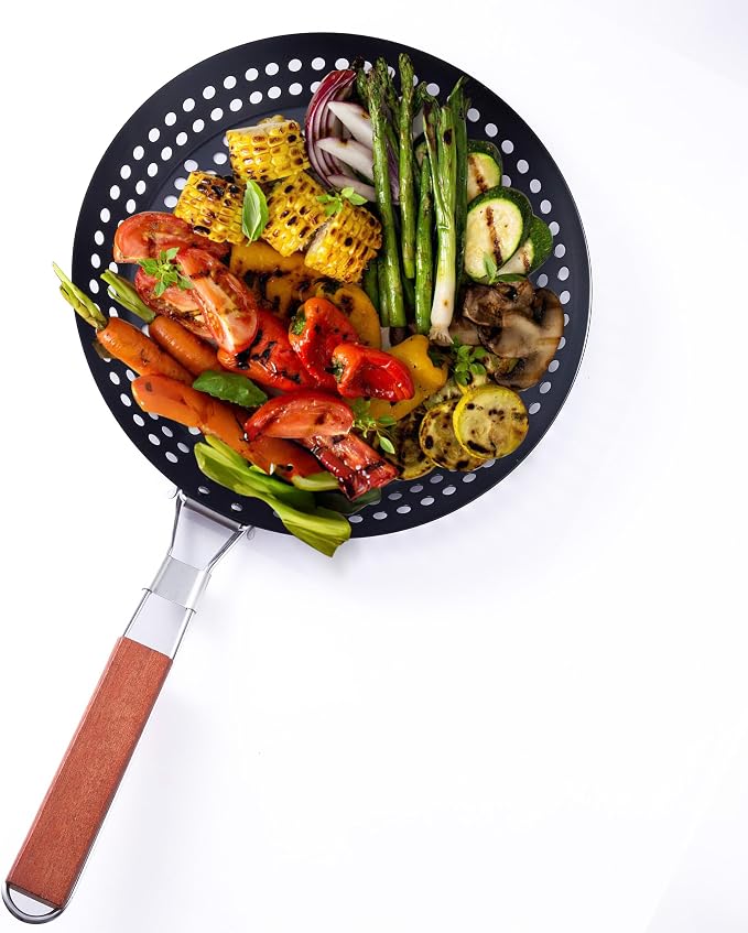 12 in Kozmatik Turkish Grill Pan, Nonstick Carbon Steel Basket | Handled Vegetable Charring Pan, For Stovetop And Grill Cooking, Black Round Basket Design