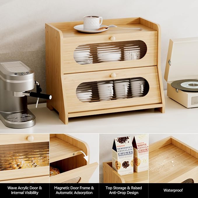Bread Box,Extra Large 2-Tier Bamboo Bread Box for Kitchen Countertop,Bread Storage Container with Magnetic Acrylic Door for Homemade Bread,Under Cabinet,Pantry Organizer(Natural)