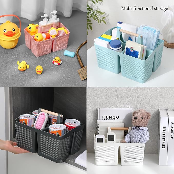 rejomiik Portable Plastic Shower Caddy with Bamboo Handle, Grey | Cleaning Caddy Organizer for Bathroom, College Dorm Room Essentials, Storage Tote