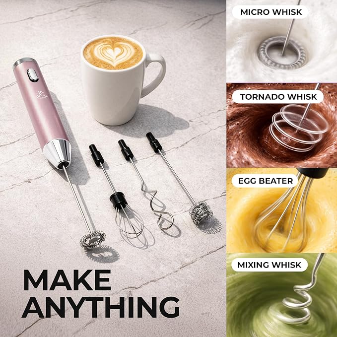 Zulay Kitchen Rechargeable Milk Frother Handheld - Frother Wand, Drink Mixer, Electric Whisk Frother, for Cappuccinos, Matcha & Protein Powder - Ultra Metal 4 Whisk, 1800mAh Pink