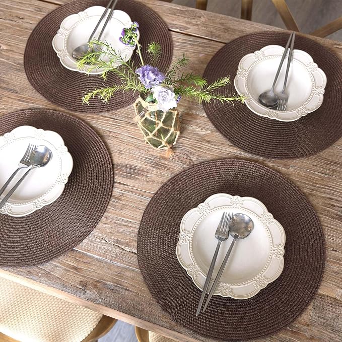 FunWheat Round Braided Placemats Set of 4 Table Mats for Dining Tables Woven Washable Non-Slip Place mats 15inch (Brown, 4pcs)