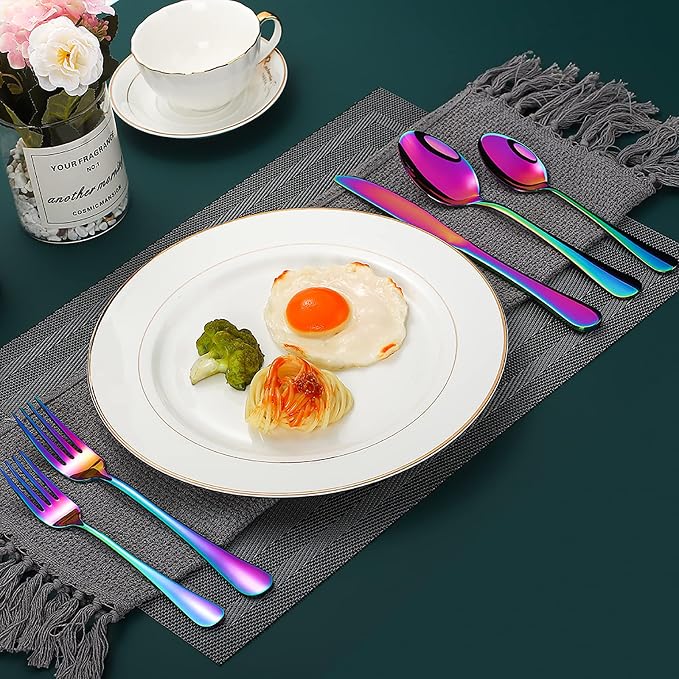 60 Pieces Rainbow Silverware set for 12, Compralo Colorful Stainless Steel Flatware Cutlery Set, Kitchen Utensils Set Include Knife Fork Spoon, Tableware Set With Titanium Plated, Dishwasher Safe