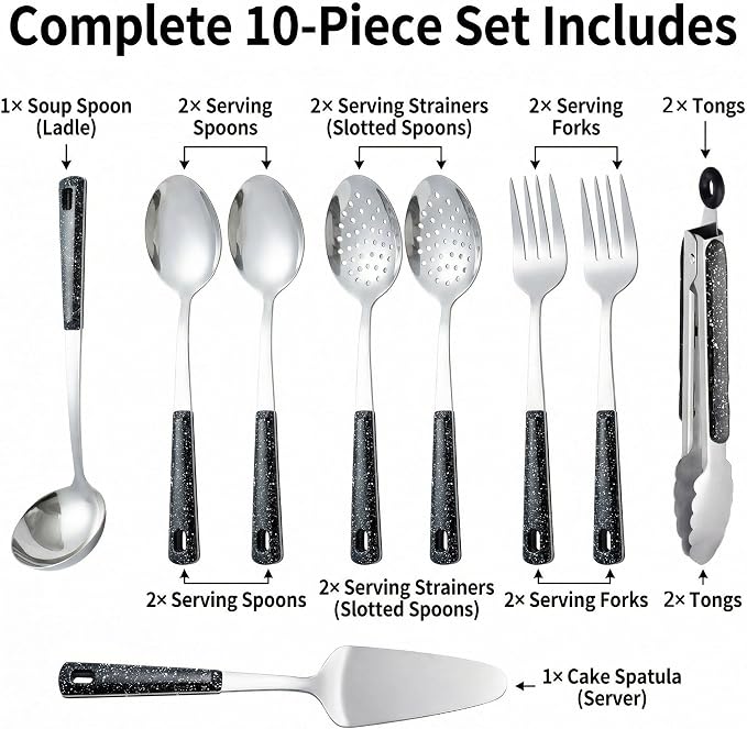 Stainless Steel Metal Serving Utensils Set | of Serving Spoons,Slotted Spoons,and Serving Tongs,serving fork,cake server,for Buffet,Soup,Rice,Commercial & Home Kitchen