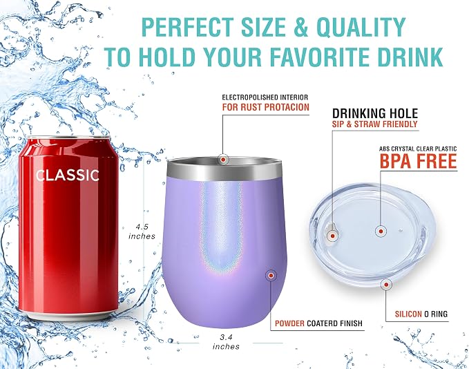 CHILLOUT LIFE 12 oz Stainless Steel Wine Tumblers 2 Pack - Double Wall Vacuum Insulated Wine Glasses Cups with Lids and Straws Set Keeping Cold & Hot for Coffee, Beer, Ice Cream - Purple Sparkle