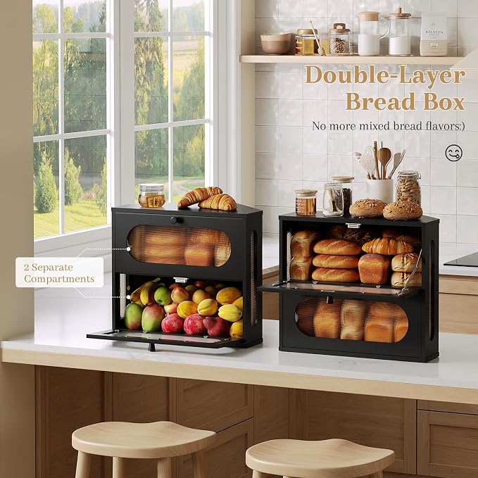 Corner Bread Box for Kitchen Countertop, 2026 New Double Layer Bamboo Bread Storage Bin, Large Bread Container for homemade bread (Black)