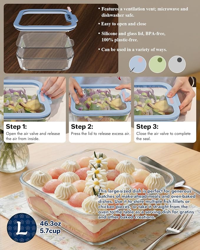 1-Pack Glass Food Storage Containers with Tempered Lids, 5.7Cup Borosilicate Glass Meal Prep Containers, Airtight & Oven-Safe (-4°F~950°F), BPA-Free, （Light blue）