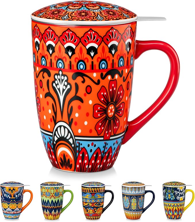 vancasso 18 Oz Tea Infuser Mug with Lid, Crimson Sunburst | Eye-Catching Bohemian Pattern, Adds Charm to Any Tea Corner, Ceramic Mug with Infuser, Microwave and Dishwasher Safe