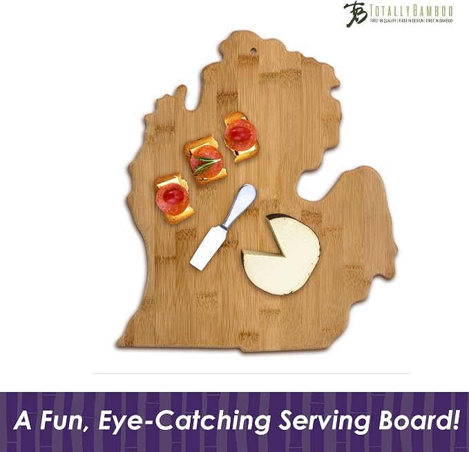 Totally Bamboo Michigan State Shaped Bamboo Serving & Cutting Board | State charcuterie board with natural bamboo grain. Knife-friendly surface for food prep. Hang tie for wall display.