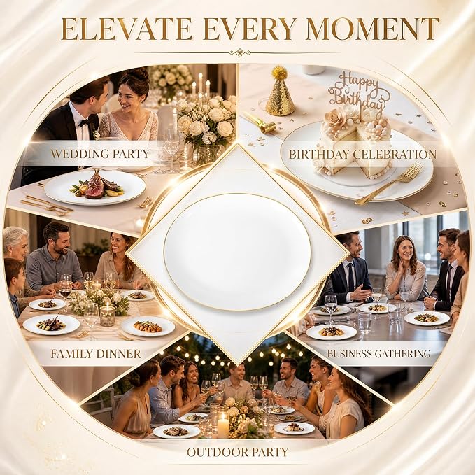6Pcs Gold Plastic Serving Trays - 12 Inch White and Gold Oval Disposable Plates - Heavy Duty White Plastic Serving Platters for Wedding/Birthday/Dinner Party/BBQ/Holiday Gatherings