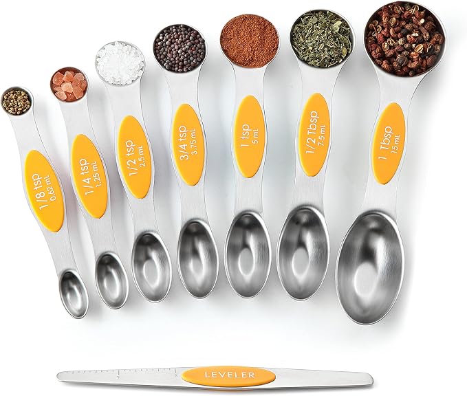 Spring Chef Stainless Steel Magnetic Measuring Spoons Set of 8, Mango | Nesting Teaspoon & Tablespoon Measuring Spoons w/ Leveler for Dry & Liquid Ingredients, Measure Spoons For Baking & Cooking