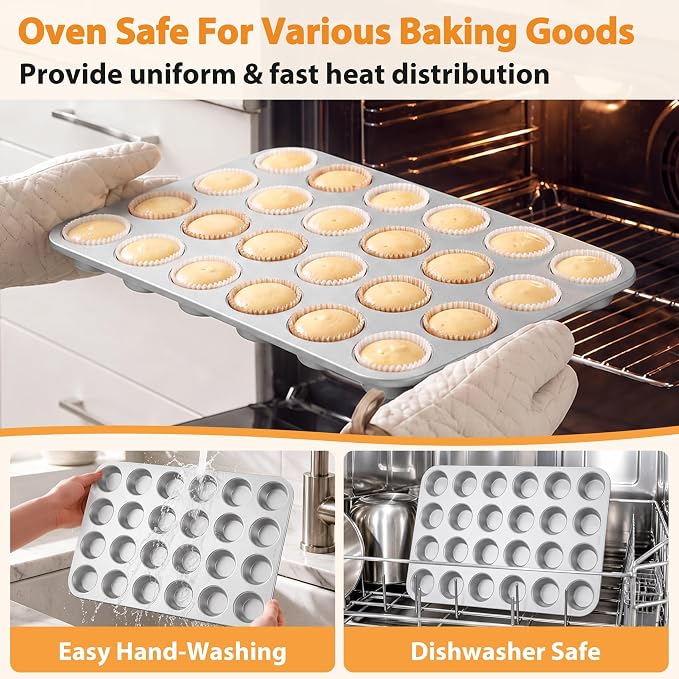TeamFar Mini Muffin Pan, Stainless Steel 24-Cup Muffin Tin for Baking- 1PC | Small Cupcake Pan Tray for Egg Bites Mini Cakes Quiches, Brunches Parties Birthday Treats, Healthy & Sturdy, Dishwasher Safe