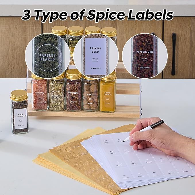 48 Pcs Glass Spice Jars with Labels, Seasoning Containers with Gold Lids | Airtight spice bottles Keep Fresh, 4oz Spice Containers with Shaker Lids,Funnel for Spice Rack,Kitchen Spice Drawer Organizer