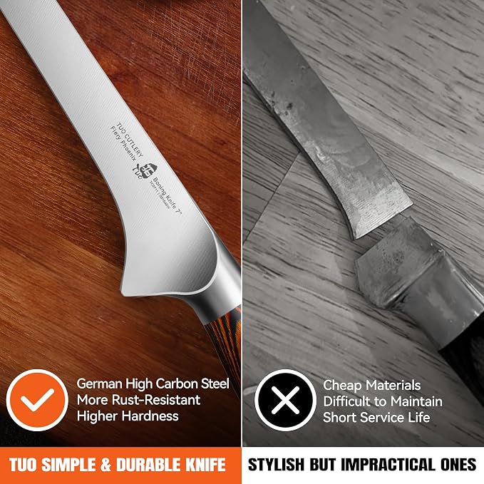 TUO Boning Knife, 7 inch Sharp Fillet Knife for Trimming Meat with Bones, Woodgrain Pakkawood Handle, High Carbon German Steel, Gift Box Included