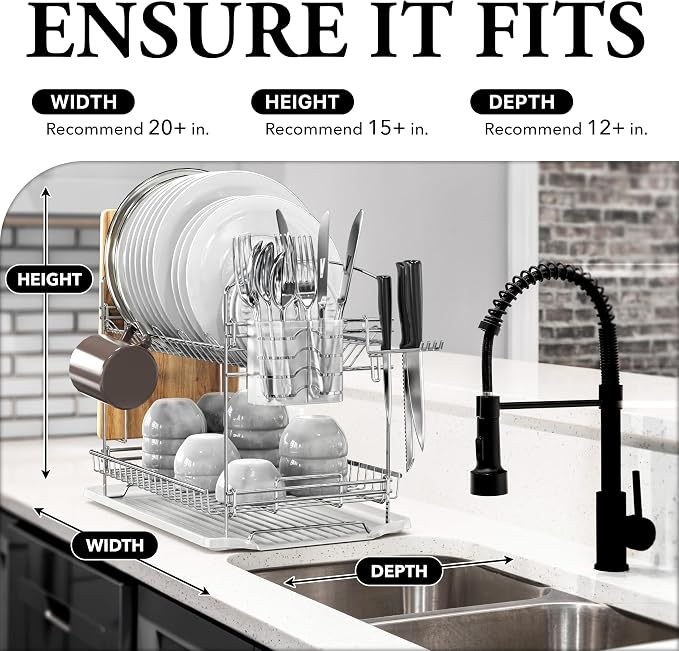 Simple Houseware 2-Tier Stainless Steel Dish Rack with Drainboard, Chrome
