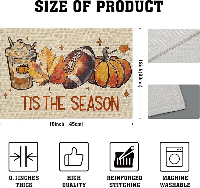 Fall Football Placemats Set of 6 18x12 Inch Autumn Rugby Pumpkins Leaves Linen Place Mats Heat-Resistant Washable Wipeable Tis The Season Table Mat for Party Kitchen Dining Room Dinner Table Decor
