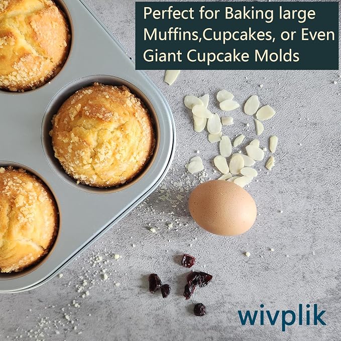 Nonstick Jumbo Muffin Pans, 2 Pack 6 Cup Extra Large Cupcake Tins | Premium Non-Toxic Non-Stick Coating, Heavy Duty Carbon Steel, 3.5 Inch Dia Deep Muffin Trays for Home Baking