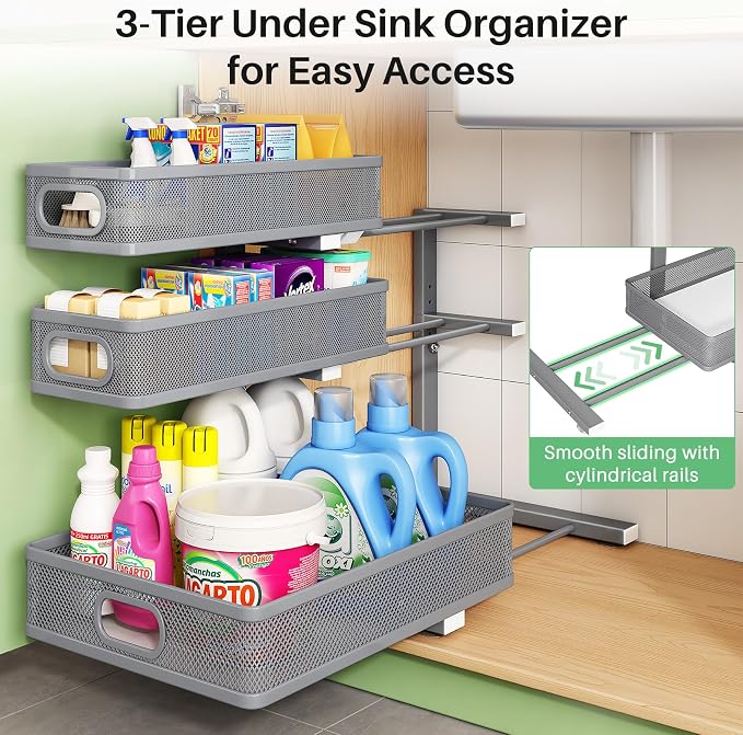 Kitstorack Under Sink Organizer, 2-Pack 3-Tier Height Adjustable Thickened Metal Pull out Cabinet Organizer Shelf, Slide out Storage Drawer Rack for Bathroom Kitchen Pantry Home Organization, Grey