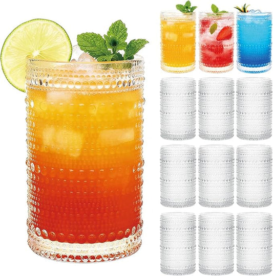 Mapoxy 12 Pack Hobnail Drinking Glasses, 12 Oz Highball Glasses | Vintage Textured Glass Cups for Beer, Whiskey, Juice & Cocktails, Boho Glassware Set for Home Bar, Kitchen – Gift Ready