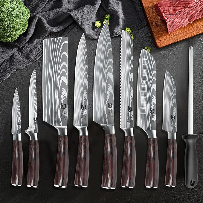 Chef Knife Sets with Roll Bag, 9 Pieces Professional Knife Set | High Carbon Stainless Steel Kitchen Knife Set with Sharpener, Red Pakkawood Handle, Kitchen & Home Cooking, Dishwasher Safe