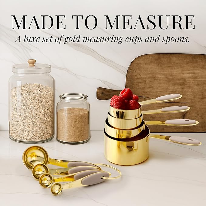 Styled Settings Beige and Gold Utensils Set, 23-Piece | Silicone Nonstick Cooking Tools with Garlic Press, Can Opener, Measuring Cups, Utensil Holder - Luxury Kitchen Accessories