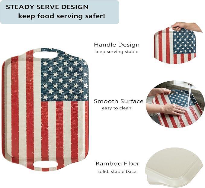 KINGEN 2-Pack Patriotic Bamboo Fiber Serving Trays - 17.3×12.2-inch Extra Large w/Handles Tray, Stars & Stripes Platters for 4th of July, Christmas, BBQ (4th of July Red White Blue Star, 17.3inch)